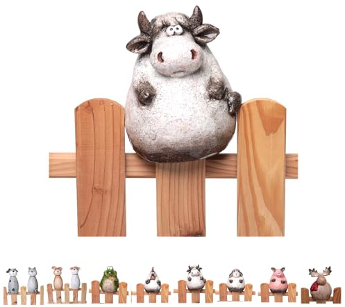 Klocke Dekorationsbedarf Keramik Zaunfigur – Lustiger Zaunhocker wetterfest für Gartenzaun, Pfähle & Balkon – Handbemalte Tierfigur Gartendeko (1 Stück - Kuh - 12 x 12 x 16 cm)