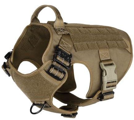ICEFANG Tactical Dog Harness, Large Size,2X Metal Buckle,Working Dog MOLLE Vest with Handle,No Pulling Front Leash Clip,Hook and Loop Panel (Brown,L (Pack of 1))