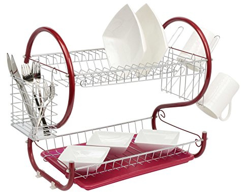 B-Creative 2 TIER CHROME PLATE DISH CUTLERY CUP DRAINER RACK DRIP TRAY PLATES HOLDER NEW (RED)