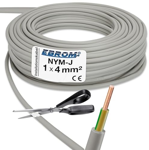EBROM NYM-J 1x4 mm² Mantelleitung, Erdungskabel in grau 4 mm2: 25 Meter | Ab 5 m bis 100 m - Erdungsleitung Installationsleitung Feuchtraumkabel für die feste Verlegung in trockenen + feuchten Räumen