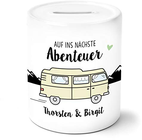OWLBOOK® Wohnmobil auf ins nächste Abenteuer | Personalisierte Spardose mit Namen | personalisierte Geschenke für Frauen und Männer | Geburtstagsgeschenke Keramik
