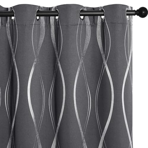 NICETOWN Grey Blackout Striped Pattern Curtains for Living Room 84 inch Long 2 Panels Set, Noise Reducing Thermal Insulated Wave Line Foil Print Bedroom Drapes for Patio Sliding Glass Door (52 x 84)