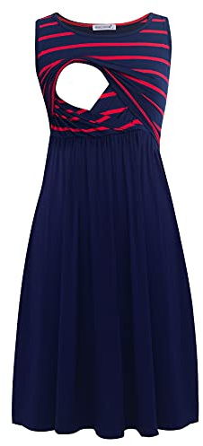 Smallshow Vestito Patchwork Premaman da Allattamento con Tasche Senza Maniche per Le Donne Navy Wine Stripe-Navy Medium