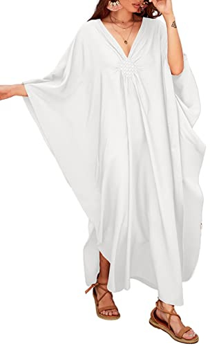 Bsubseach Mujeres Blanco Kaftan Vestido Batwing Manga Tallas grandes Traje de baño Cubrir Maxi Caftan Vestidos