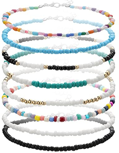 VEGCOO 8 Pcs Boho Anklets Bracelet, Handmade Beaded Anklet Bracelet Adjustable Glass Beads Anklet, Colourful Beads Foot Jewelry for Women Girls Ladies (8 Pcs)