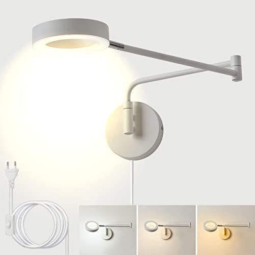 LED Wandlampe Innen mit Schalter und Stecker,8W Dimmbar Nachttisch Wandleuchte mit Kabel, Verstellbare Langearm Wand-Leselampen Ring Acrylschirm Modern Wandstrahler für Schlafzimmer Wohnzimmer,Weiß