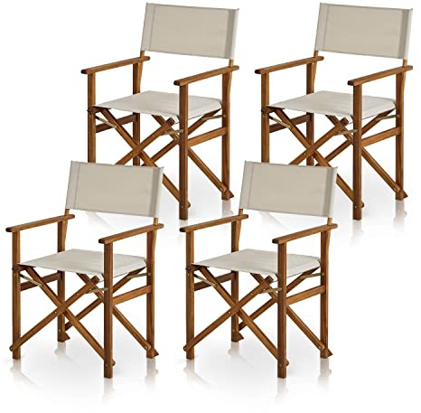 KHG Balkonstuhl 4er Set aus echtem Akazienholz geölt Regiestuhl mit Armlehnen 100% Polyesterbezug in Creme, wetterfest, platzsparend klappbar, 120kg belastbar