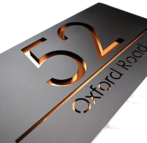 K Smart Sign | Bellissima A4 F31 | Matt Black Personalised House Signs Laser Cut 3d Door Numbers Street Address Number Plaques | 300mm x 160mm (Matt Black & Copper Mirror)