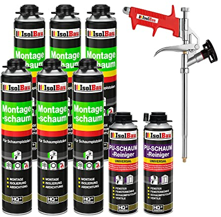 Isolbau Bauschaum-Set - Inkl. 6 x 1K Montageschaum B2 Pistolenschaum mit hervorragender Schall und Wärmedämmung (je 750 ml), 2 x PU-Schaum-Reiniger (500 ml) & 1 x Schaumpistole, Abdichten