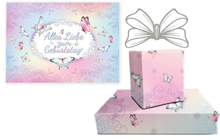 Set XXL A4 Glückwunschkarte zum Geburtstag mit 6 Geschenkpapier-Bögen (A3-Format) Geburtstagskarte Grußkarte Happy Birthday Mädchen Mädels Schmetterlinge Blumen Elegant große Klappkarte
