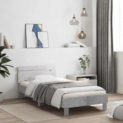 vidaXL Bettgestell, Bettrahmen mit Lattenrost, Bett Gästebett mit Kopfteil LED-Leuchten, Einzelbett Schlafzimmerbett Schlafzimmermöbel, Betongrau 100x200cm