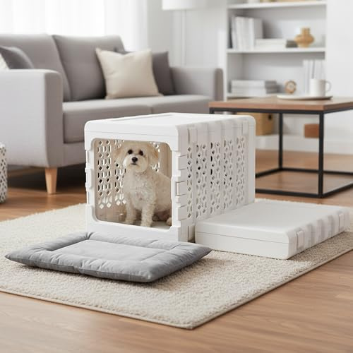 KindTail PAWD Collapsible Dog Crate, Portable Indoor Outdoor Kennel for Dogs 15–25 lbs, French Bulldog, Dachshund, Maltese, Pomeranian, Medium, 26 L x 20 W x 21 H, 12 lbs, White