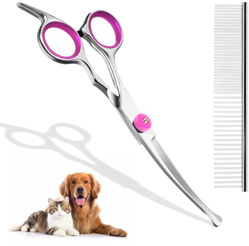 Fellschere für Hunde und Katzen, Gebogene Schere Hundeschere Set Profi Runder Grooming Schere, Haustier Kamm, aus robustem Edelstahl (Rosa)