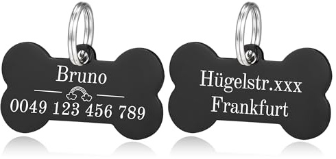 Schwarz Hundemarke Knochen mit Gravur - Edelstahl Hundemarke mit Name, Telefonnummer - Hundemarke personalisiert mit Symbolen Dog Tag Namensschild für Halsband und 2 Schlüsselringe