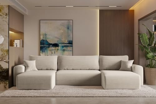Kaiser Möbel - Ecksofa mit Schlaffunktion und Bettkasten, Wohnlandschaft U Form, Schlafsofa, Klappsofa, Bequemes Couch mit Ottomanen für Wohnzimmer, Bigsofa, Relaxsofa, Capri U, Poso, Beige