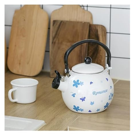 yinjieEUR Whistling Tea Kettle, Bollitore da Fornello, Lampada Piatta addensata Fischio Pancia Rotonda Smalto Bollitore Fornello di Riso Fornello a induzione Universale(B AS The Picture Shows)