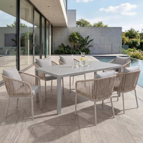 Mendler Gartengarnitur HWC-N41, Tisch+6xStuhl, wetterfest Alu 180x80cm, Seilgeflecht Rope - grau Kissen grau
