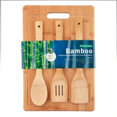 Click Bargain Extra Large Chopping Board for Kitchen,Wooden Cutting Board for Meat,Vegetables & Fruit, Bamboo Cutting Board with 3 pcs cookware Utensil Set