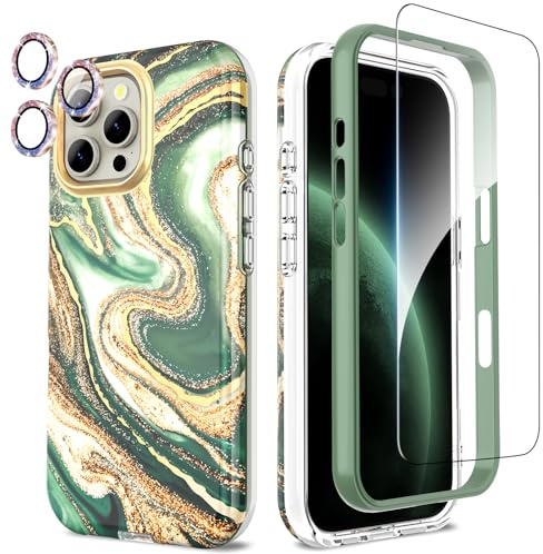 SHEDEER for iPhone 16 Pro Max Case with Screen Protector + Bumper & Camera Protector, TPU Shockproof 360° Protection, 16 Pro Max Cases Glossy Fade-Resistant Pattern Phone Case 16 Pro Max, Green