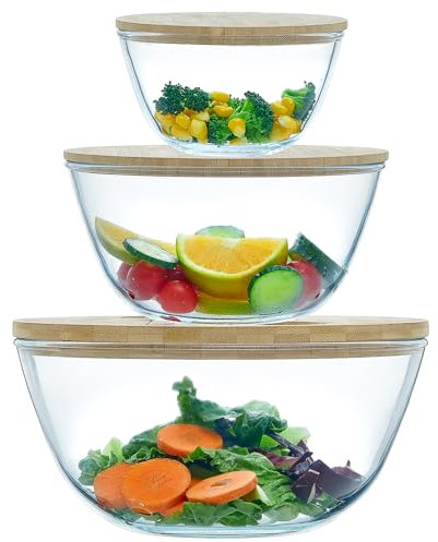 ECWAY Lot de 3 saladiers en verre avec couvercles et ustensiles en bambou, grands bols à mélanger en verre épais, 3 récipients en verre gigognes avec couvercles, passent au micro-ondes