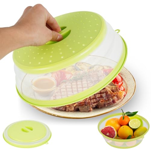 Collapsible Microwave Cover for Food with Grip Handle Microwave Splatter Cover Multi-Functional Microwave Lid Basket Strainer for Fruit Vegetables Kitchen Cooking 10.5 inch (Green)