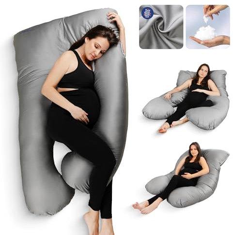 MKS Druckentlastung schwangerschaftskissen | Memory Foam Stillkissen XXL | schlaftherapie Kissen für werdende Mütter | Lagerungskissen für Bauch- & Rückenstütze Bambus (Kühlend) / Grau
