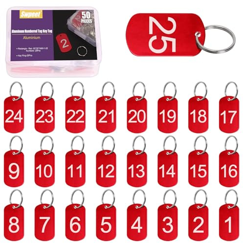 Swpeet 50pcs 1-25 nummer röd rektangel aluminium nummer taggar med nyckelringar sortiment kit, metall nyckelring tag med nyckelringar numrerade nyckel taggar ID-tag för kodning, dekoration
