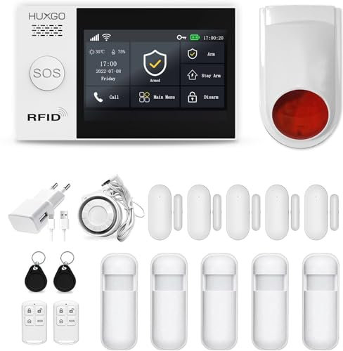 HUXGO HXA007 Funk Alarmanlage mit zweiter Alarmsirene, WiFi + GSM Modul, 5X Bewegungssensoren 5X Türöffnungsmelder - Bewegungsmelder mit Alarm - Alarmanlage Haus-Alarmanlage Wohnung