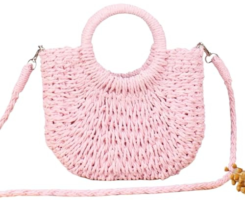 HSTWODE Stroh Strandtasche für Frauen, Sommer handgewebte Tote Bags Geldbörse mit Quaste, Top Griff Stroh Handtasche Clutch (Rosa)