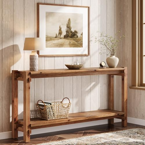 TRIBEWOOD Konsolentisch, 160 cm lang, 2-stöckiger Eingangstisch, Sofatisch mit Stauraum, Bauernhaus-Holz hinter Couchtisch für Wohnzimmer, Flur (Braun)