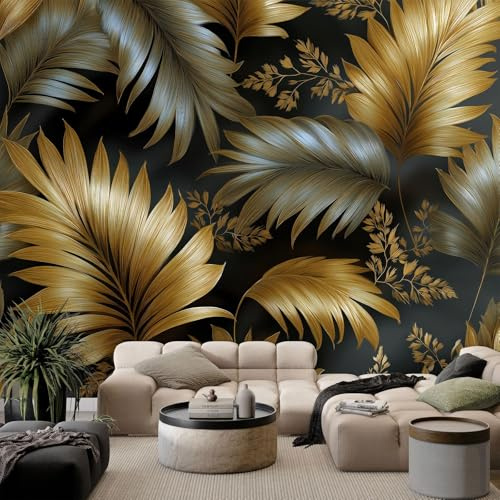 Murales Papel Pintado Salon Hojas de palma dorada 250x175 cm Fotomurales 3D Tejido No Tejido Papel Tapiz Fotográfico Decorativos Murales Dormitorio Oficina Hotel