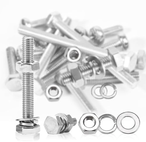 WOUYTPE Bulloni e Dadi Autobloccanti M6 X 30 mm, 40 Pezzi Kit Viti Testa Esagonale in Acciaio Inox, Dadi e Bulloni Vite a Testa a Esagonale con Dadi Rondelle per Mobili Auto Macchine Industriali