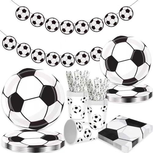 127PCS Football Party Tableware Set, 25 Guests, Football Paper Plates, Cups, Napkins, Straws and Soccer Banners for Sports Soccer Theme Birthday Party Decorations
