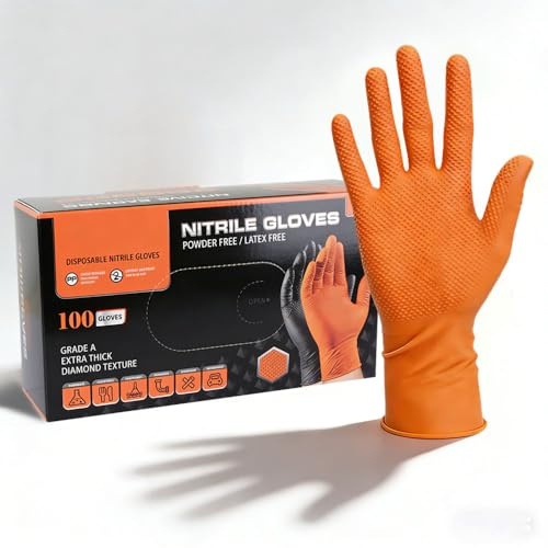 Nitrile Gloves: Disposable Diamond Texture Gloves Powder and Latex Free -10mil Ultra Thick and Strong Rubber Orange (100, XL)
