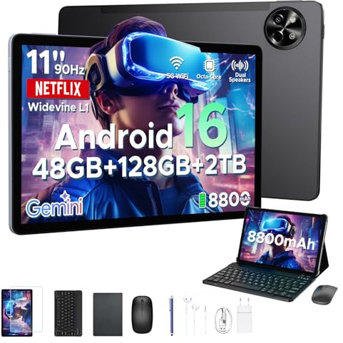 POPUX P11 Tablet Android 16, Tablet 11 Pollici con 48 GB RAM + 128 GB ROM/TF 2 TB, T7250 Tablet con Tastiera, Display 90Hz, 8800mAh, Gemini AI, Widevine L1, Face ID, WiFi5, Penna, tastiera-Grigio