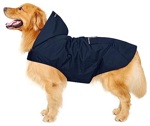 Zellar Hunderegenmantel mit Kapuze & Kragenloch & Sicheren Reflektierenden Streifen, Ultraleichte Atmungsaktive 100% wasserdichte Regenjacke für Mittelgroße bis Große Hunde, Blau, 5XL