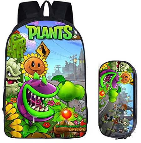 WANHONGYUE Plants vs. Zombies Jeu Image Backpack Set Sac d'école Cartable Boîte de Papeterie Sac à Dos d'écolier + Trousse /3