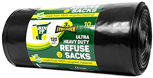 BIN IT 10 Ultra Heavy Duty, 120 Litre XL Refuse Sacks, Bin Bags, Bin Liners, 80kg Lift Tested, Super Strong, 60 μm, Perfect for Household, Office, Garden, Commercial, DIY, Caterers, Builders