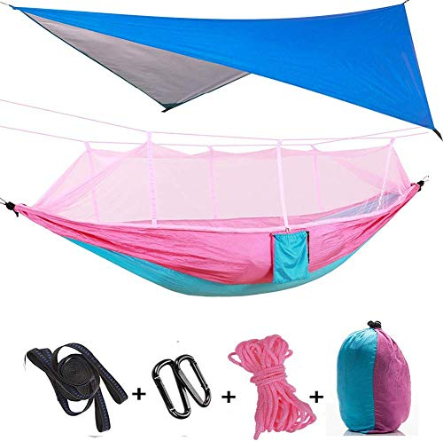 3in1 Camping Hängematte mit Zipper Moskitonetz und Zeltplane,300kg Last Hängematten Atmungsaktiv Moskitonetz Schnell Trocknend Fallschirm Plane für Camping Wandern Reise Hof (Pinke Hängematte)