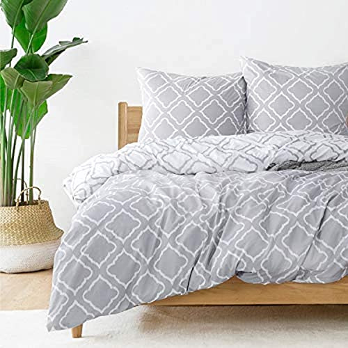 Bedsure Linge de lit Microfibre housse de couette avec pillocases 220x200cm Gris blanc