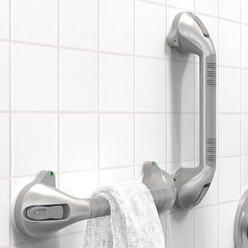 AquaChase Haltegriff mit Saugnapf, 43,2 cm, mit Indikatoren, werkzeuglose Installation, stabiler Griff für Balance-Unterstützung für Badewanne, WC, Badezimmer, zweifarbig, Silber/Grau, 2 Stück