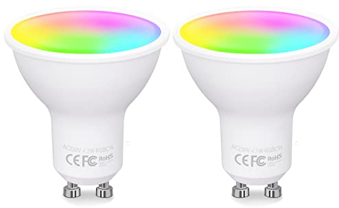 Fitop Ampoule Connectée WiFi GU10,RGBCW LED Smart, Compatible avec Alexa/Google Home, 4.7W Equivalent à 50W Ampoule GU10 Dimmable RGB Multi-Couleur,2700-6500K Blanc Chaud Blanc Froid,2 pièces