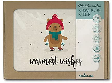 Reelax.me Cojín de huesos de cereza para microondas – Cojín de granos con texto en alemán Warmest Wishes, regalo con mensaje motivacional – Idea de regalo para hombres, mujeres y niños