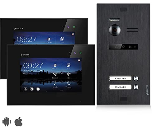 Balter EVO Video Türsprechanlage, Touchscreen, 2X 7 Zoll Monitor, Türstation für 2 Familienhaus Türklingel mit Kamera 150° Weitwinkel Smartphone App 2-Draht Bus, Schwarz