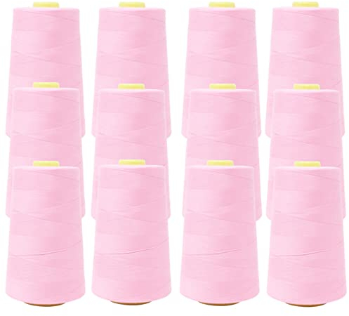 Overlockgarn für Overlock Nähmaschinen - 5000 yard = ca. 4570 m pro Kone - Garnstärke 40/2 aus 100% Polyester (Baby Pink, 12 Konen)