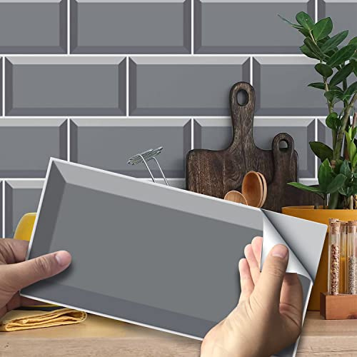 funlife 27Pcs Grey Tile Stickers Peel and Stick Self-Adhesive Vinyl Splashback Kitchen Decor Grey, 20X10cm