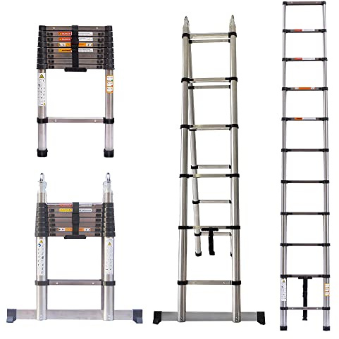 Telescopic Ladder 12.5FT A-type Extension Ladder with Stabilizer Bar, Multi Purpose Extendable Loft Ladder Portable Folding Ladder, 12 Steps, 330lb Load Capacity