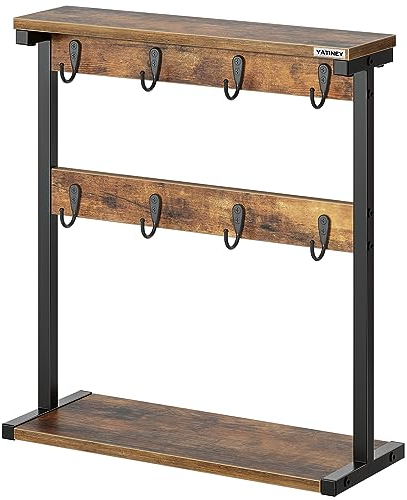 YATINEY Coffee Mug Holder Stand, Countertop Mug Tree Holder Rack, Mug Storage with Hooks and Open Shelves, Freestanding Storage Rack for Kitchen, Rustic Brown and Black XMH43BR