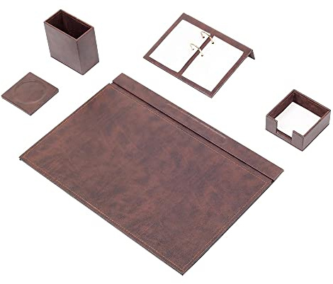 Schreibtisch-Set aus braunem Leder – Schreibtischunterlage – Notizpapierhalter – Stifthalter – Lederuntersetzer – Schreibtischzubehör – Schreibtisch-Organizer – braun (5PCS)