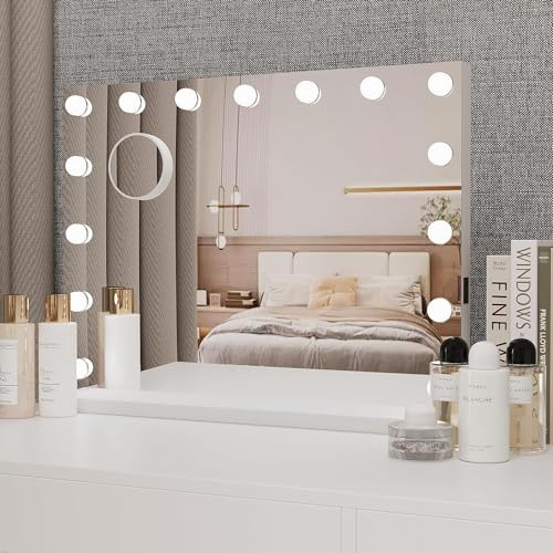 eklipt Schminkspiegel mit Beleuchtung 58x46cm Hollywood Spiegel mit Beleuchtung Kosmetikspiegel 15 LED Licht 3 Lichtfarben mit USB 10X Vergrößerung Touch Control Tischplatte & Wandhalterung